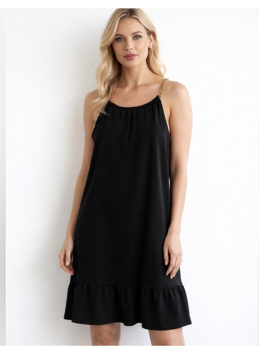 Nicole Miller Black Mini Dress with Gold Chain Straps